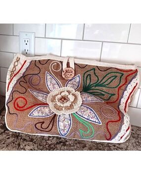 Large Tote Handbag With Gorgeous Hand Flower Stitching Design. See Photos